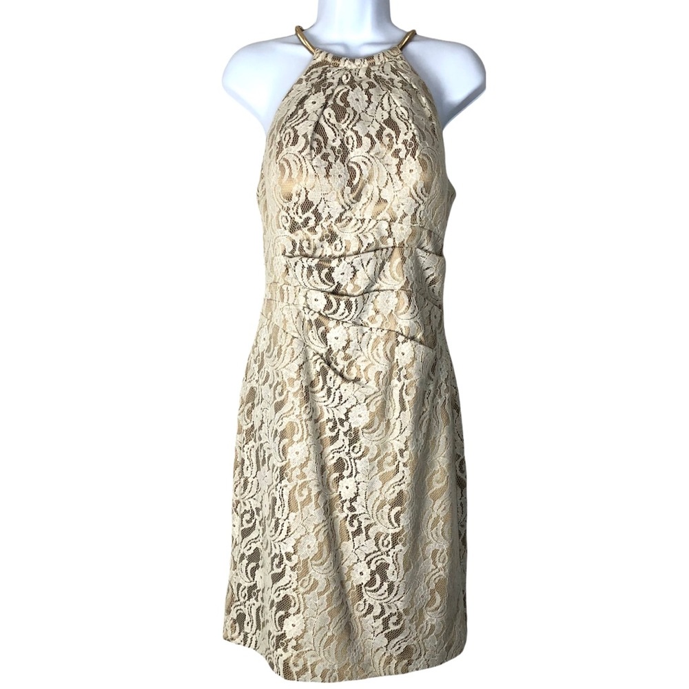 Eliza J lace dress with gold choker neck
